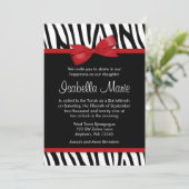 Zebra Red Printed Bow Bat Mitzvah Einladungen (Stehend Vorderseite)