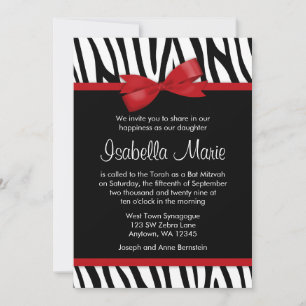 Zebra Red Printed Bow Bat Mitzvah Einladungen