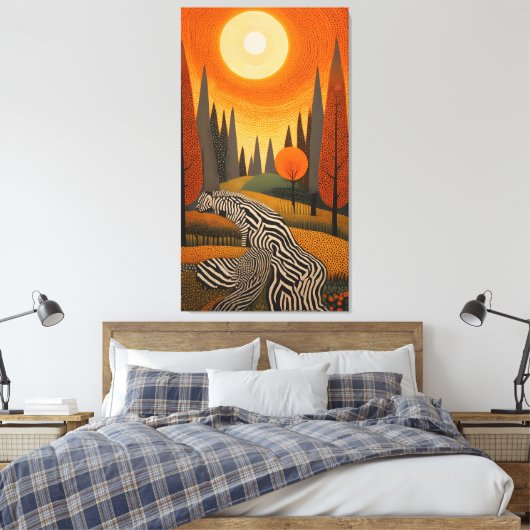 Zebra River: Dot Art Sunset in the Wild Leinwanddruck (Insitu (Schlafzimmer))