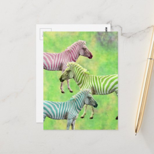 Zebra Rosa Blau Grün Postkarte (Vorderseite/Rückseite Beispiel)