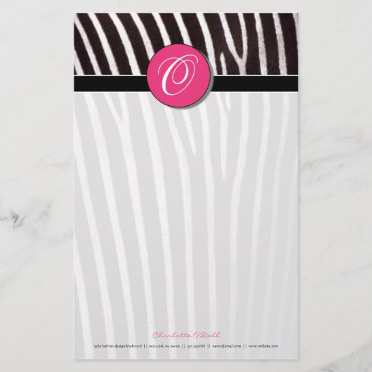 Zebra; rosa Monogramm Briefpapier (Vorderseite)
