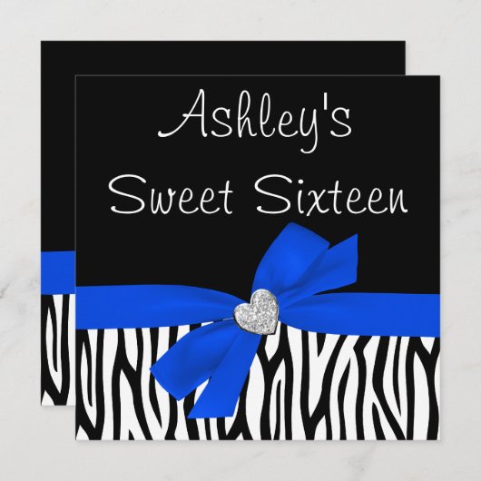 Zebra Royal Blue Bow Diamond Sweet 16 Einladungen (Vorne/Hinten)