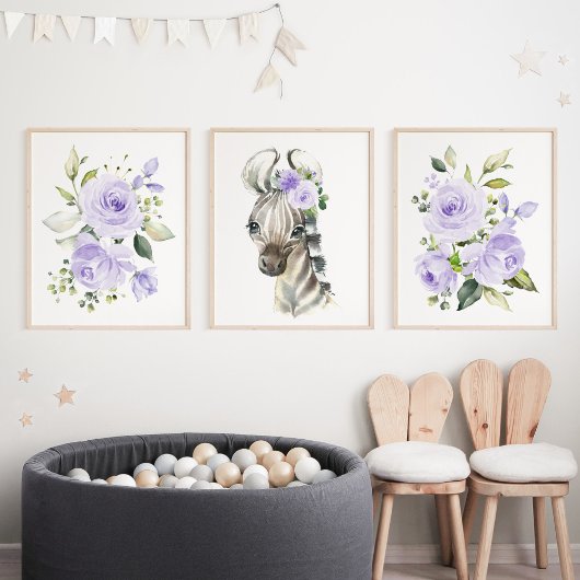 Zebra, Safari, violette Blumen, neutrale Geschlech Bilderwand Sets