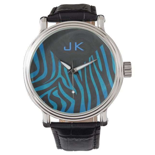 Zebra Schwarz und Blau mit Monogramm Armbanduhr (Vorderseite)