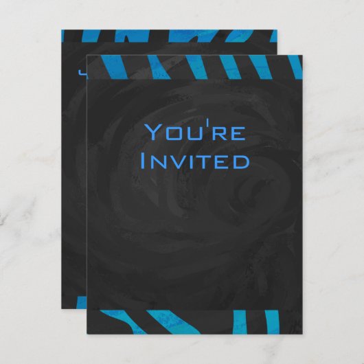 Zebra Schwarz und Blau mit Monogramm Einladung (Vorne/Hinten)