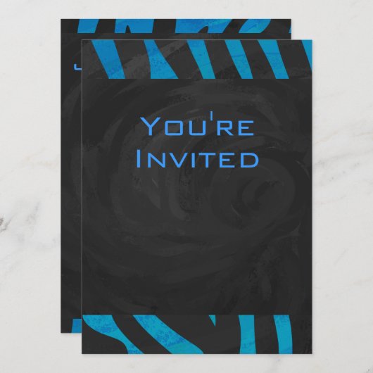 Zebra Schwarz und Blau mit Monogramm Einladung (Vorne/Hinten)