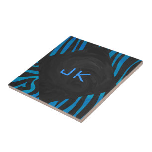 Zebra Schwarz und Blau mit Monogramm Fliese
