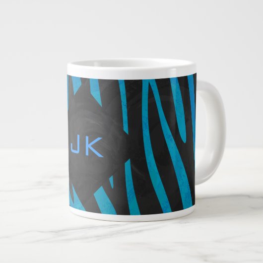 Zebra Schwarz und Blau mit Monogramm Jumbo-Tasse (Vorderseite Rechts)