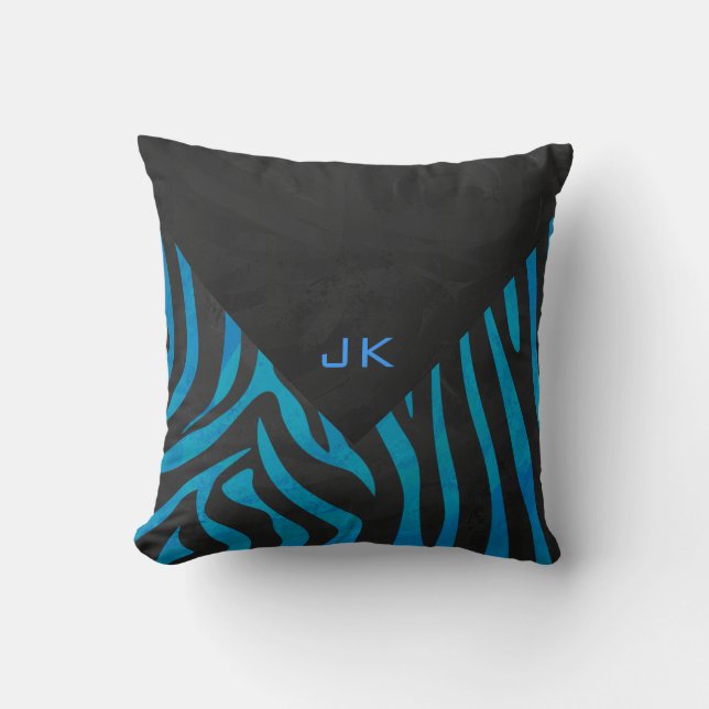 Zebra Schwarz und Blau mit Monogramm Kissen (Vorderseite)
