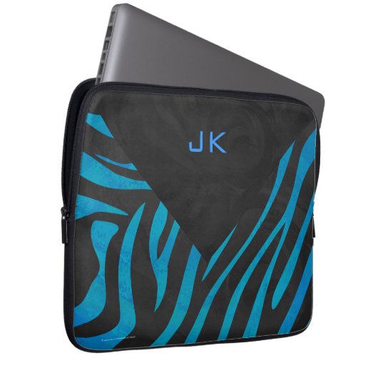 Zebra Schwarz und Blau mit Monogramm Laptopschutzhülle (Vorne Rechts)