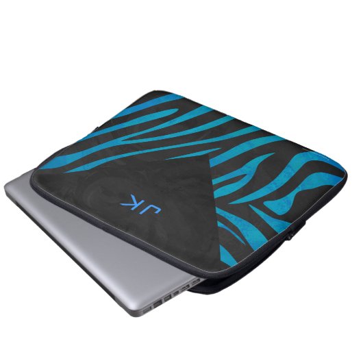 Zebra Schwarz und Blau mit Monogramm Laptopschutzhülle (Vorne Knopf)