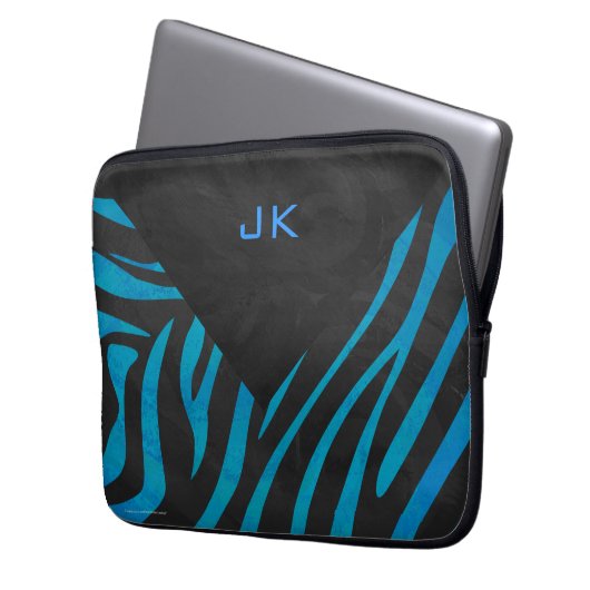 Zebra Schwarz und Blau mit Monogramm Laptopschutzhülle (Vorderseite Links)
