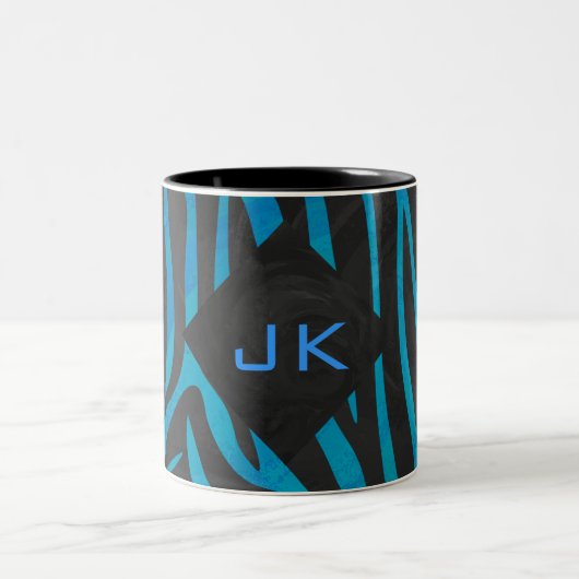 Zebra Schwarz und Blau mit Monogramm Zweifarbige Tasse (Mittel)