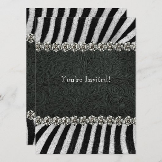 Zebra-schwarzes ledernes diamante de einladung (Vorne/Hinten)