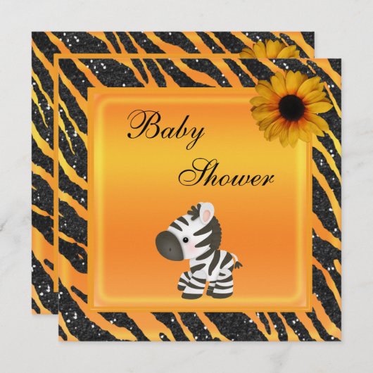 Zebra, Sonnenblume Animal Print Glitzer Babydusche Einladung (Vorne/Hinten)
