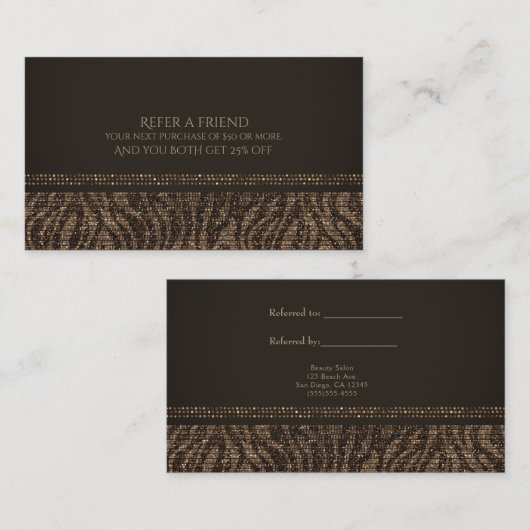 Zebra Sparkle Brown Gold Glam Chic Empfehlungskarte (Vorne/Hinten)