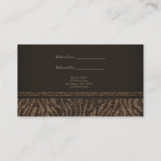 Zebra Sparkle Brown Gold Glam Chic Empfehlungskarte (Rückseite)