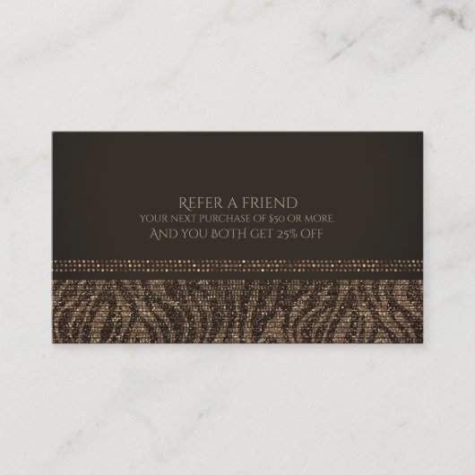 Zebra Sparkle Brown Gold Glam Chic Empfehlungskarte (Vorderseite)