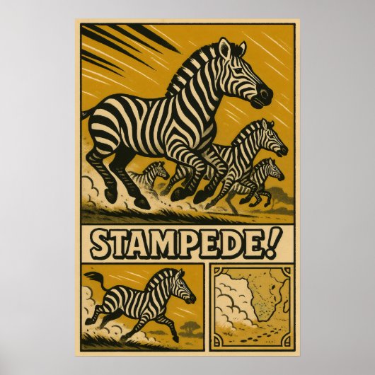 Zebra Stampede Retro Safari Art Poster (Vorne)