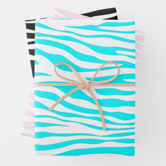 Zebra Streifen in Rosa, Schwarz und Blau Geschenkpapier Set (Beispiel)