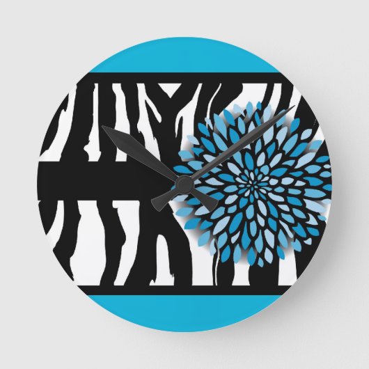 Zebra-Streifen mit blauer Chrysantheme Runde Wanduhr (Vorderseite)