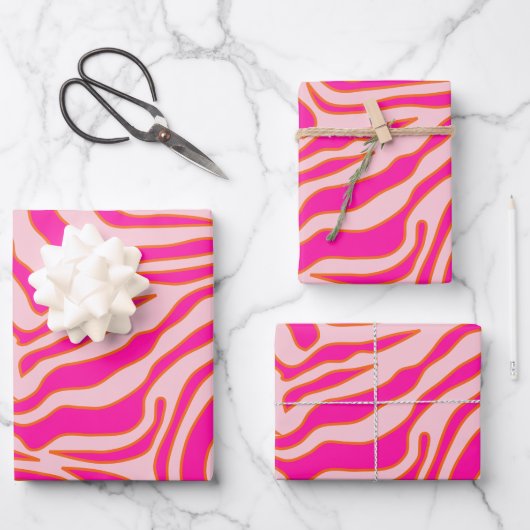 Zebra Streifen Rosa Orange Wild Animal Print Geschenkpapier Set (Vorderseite)
