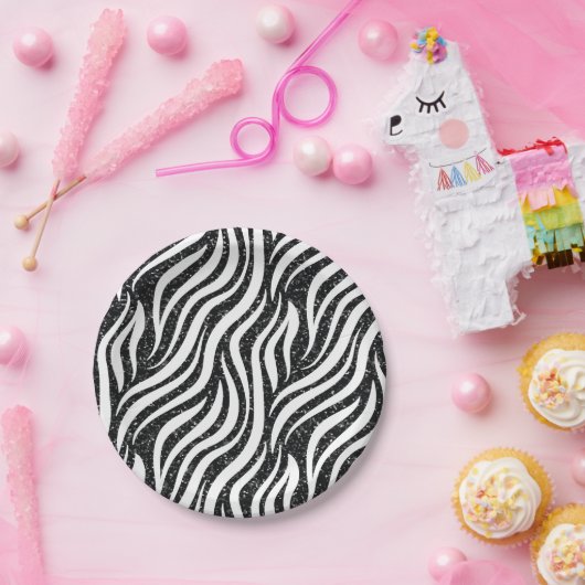 Zebra Streifen Schwarzer Glitzer Wildtiere drucken Pappteller (Party)