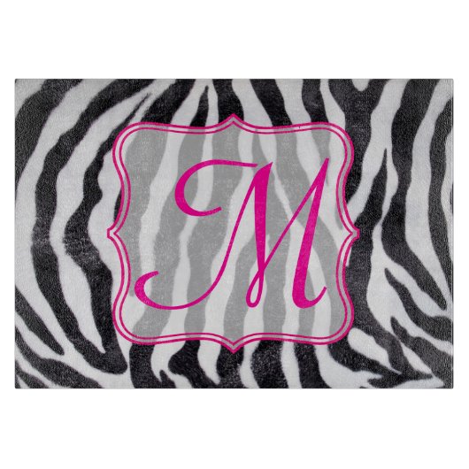 Zebra Strip Animal Monogram Glass Cutting Board Schneidebrett (Vorderseite)