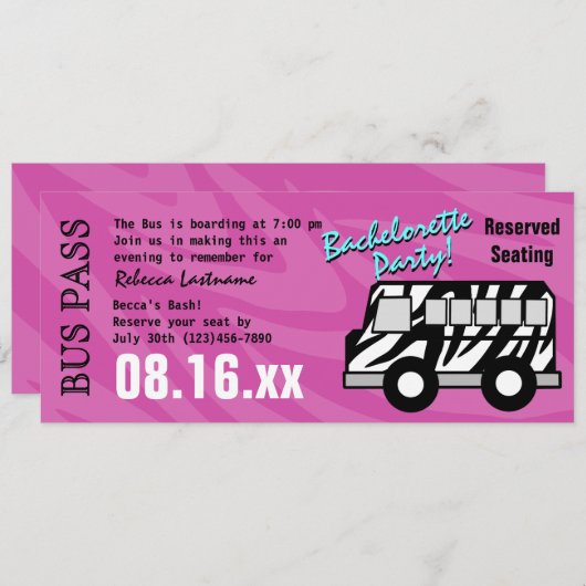 Zebra Stripe Bus Pass Hens Party Einladung (Vorne/Hinten)