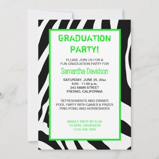 Zebra Stripe Graduation Party Einladung Grün (Vorderseite)