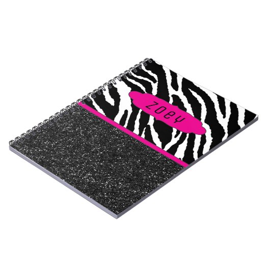 Zebra Stripe mit Glitzer Pink Personalisiert Noteb Notizblock (Linke Seite)
