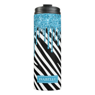 Zebra Stripe Muster mit blauem Glitzer Tropfen Thermosbecher