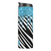 Zebra Stripe Muster mit blauem Glitzer Tropfen Thermosbecher (Nach rechts gedreht)