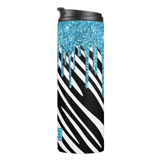 Zebra Stripe Muster mit blauem Glitzer Tropfen Thermosbecher (Nach rechts gedreht)