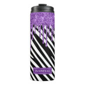 Zebra Stripe Muster mit Lila Glitzer Tropfen Thermosbecher (Vorderseite)