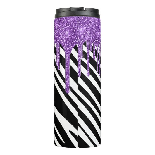 Zebra Stripe Muster mit Lila Glitzer Tropfen Thermosbecher (Rückseite)
