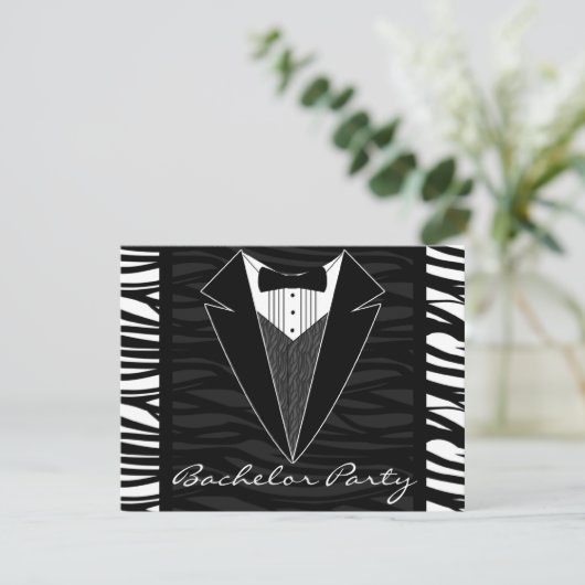 Zebra Stripe Tuxedo Bachelor Party Einladung (Stehend Vorderseite)