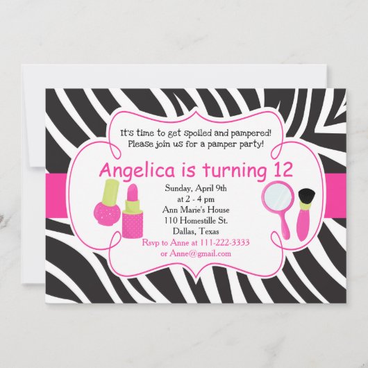 Zebra Striped Birthday Pamper Party Sleepover Einladung (Vorderseite)