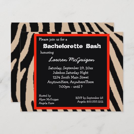 Zebra Stripes Junggeselinnen-Abschied Einladung (Vorne/Hinten)