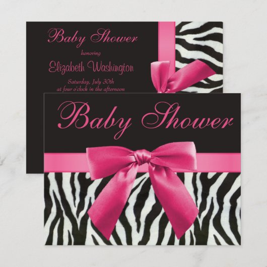 Zebra Stripes & Pink Printed Bow Babydusche Einladung (Vorne/Hinten)