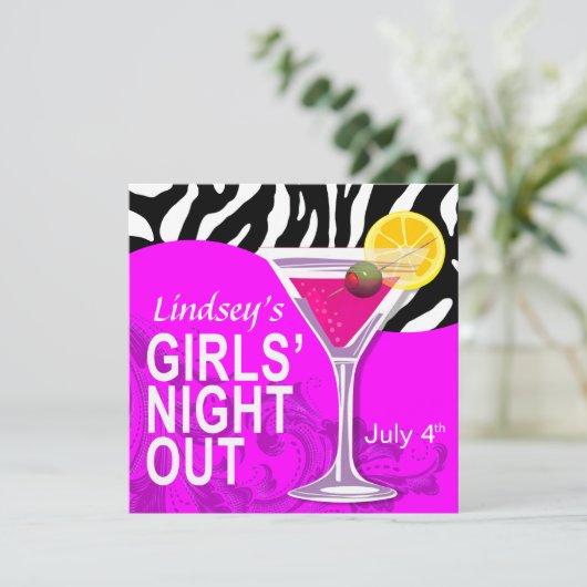 Zebra Swoop Girls' Night Out Cocktail Party Einladung (Stehend Vorderseite)