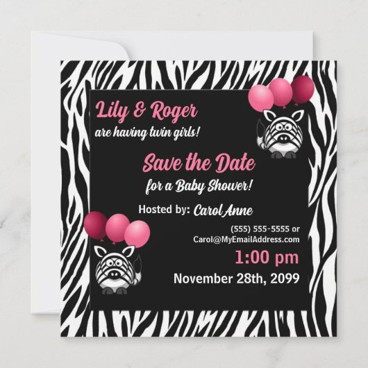 Zebra Twin Girls Babydusche Save the Date (Rückseite)