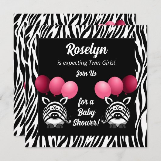 Zebra Twins Pink Girls Baby Dusche Einladung (Vorne/Hinten)