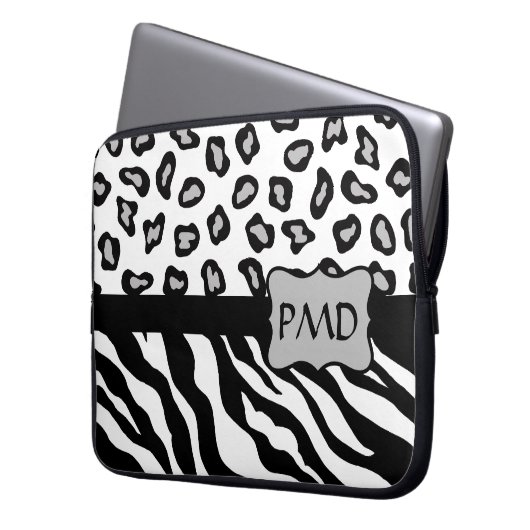 Zebra und Cheetah Skin Monogram Laptopschutzhülle (Vorderseite Links)