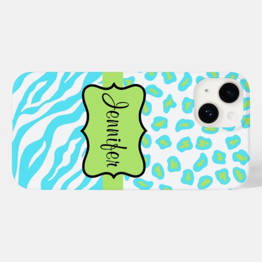 Zebra und Cheetah Skin Türkis Blue Green Name Case-Mate iPhone Hülle (Rückseite (Horizontal))