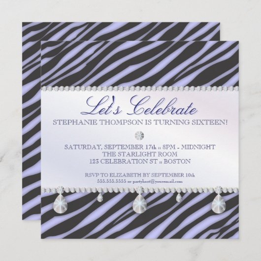 Zebra und Diamonds Sweet 16 Elegance Einladung (Vorne/Hinten)