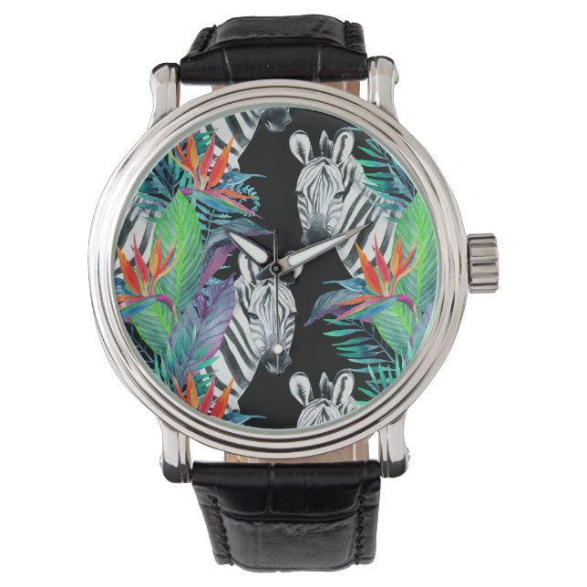 Zebra- und Exotic-Blume-Muster Armbanduhr (Vorderseite)