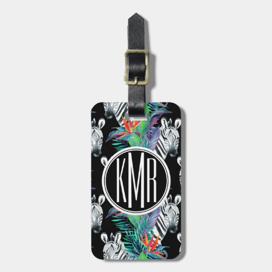 Zebra- und Exotic-Blume-Muster| Monogramm Gepäckanhänger (Vorderseite vertikal)
