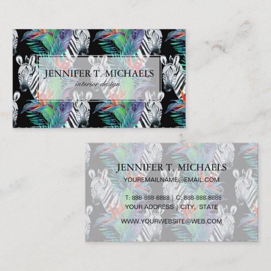 Zebra und exotisches Blumen-Muster Visitenkarte (Vorne/Hinten)