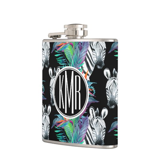 Zebra und exotisches Monogramm des Blumen-Muster-| Flachmann (Links)